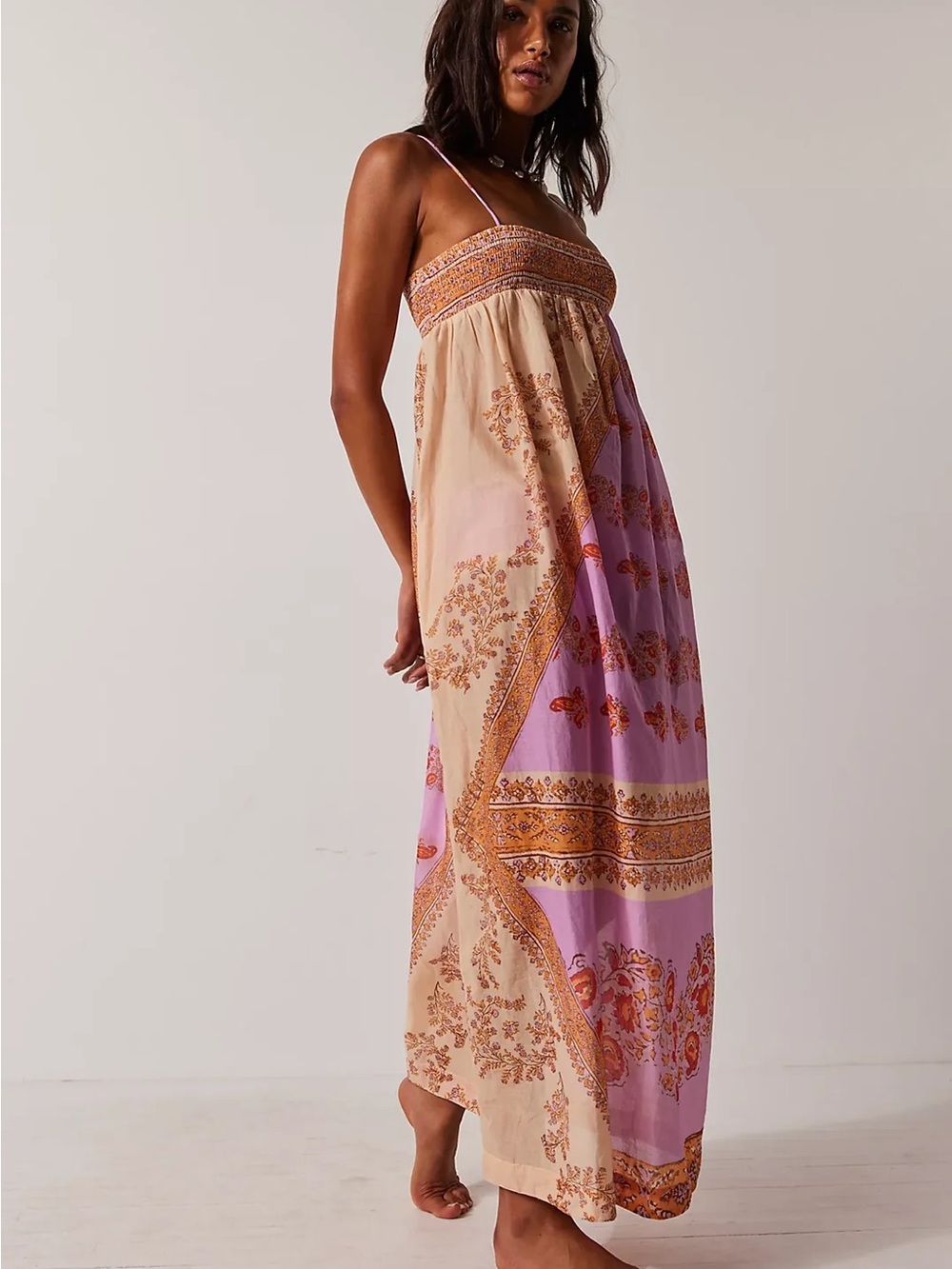 Free People Beige and Lavender Printed Maxi Dress